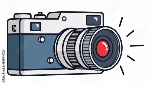 Illustration of a Vintage Camera with a Red Lens and Flash.