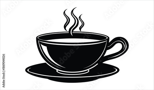 Steaming hot coffee cup on saucer, black and white illustration