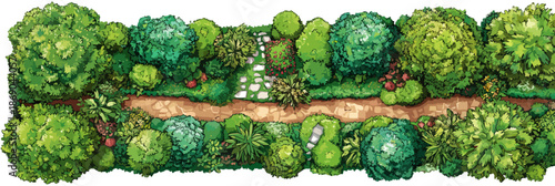 Widok z lotu ptaka na alejkę ogrodową otoczoną zielonymi krzewami i drzewami na przezroczystym tle.