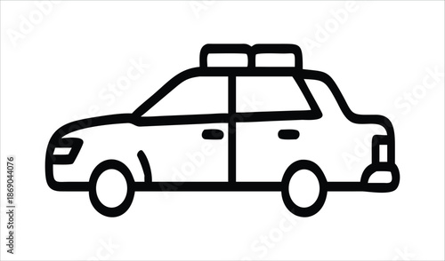 Black and white taxi car icon with luggage rack on top, simple illustration