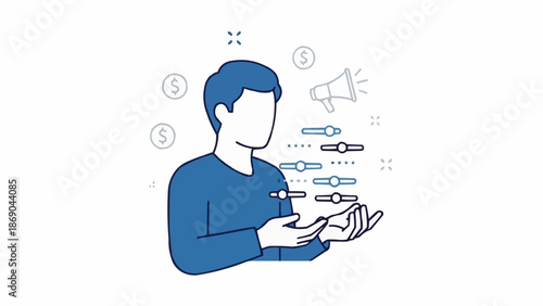 Man adjusting financial settings with money symbols and megaphone illustration.