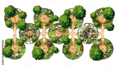 Widok z lotu ptaka na bajkowe wyspy połączone ścieżkami, idealne do gry mobilnej.