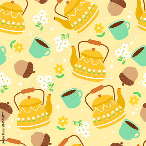 Floral yellow teapot seamless pattern with flower and acorn decoration. Can be used for wallpaper, paper wrapping, fashion fabric, tea party theme