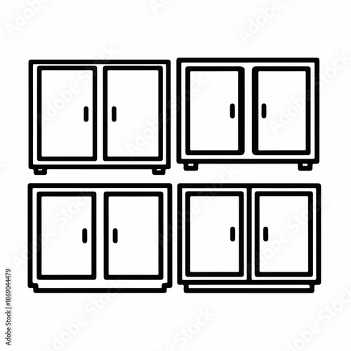 Collection of Four Simple Outline Icons Depicting Storage Cabinets, Cupboards, or Sideboards for Interior Furniture Design.