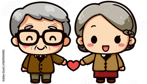 Adorable couple de personnes âgées en style kawaii, main dans la main avec un cœur, symbolisant l'amour éternel et le bonheur partagé.