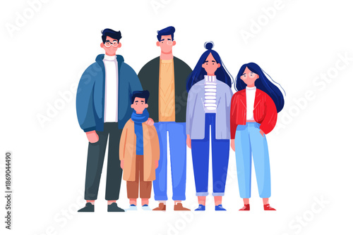 Illustration vectorielle moderne d'une famille unie de cinq personnes, parents et enfants, sur un fond blanc transparent, symbolisant la connexion et le bonheur.