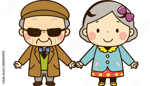 Illustration mignonne d'un couple de personnes âgées souriantes se tenant la main, symbolisant l'amour durable et la compagnie.