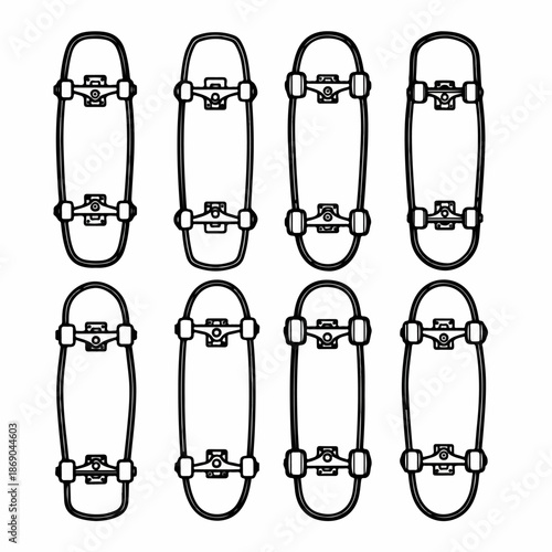 Eight minimalist black outline drawings of retro skateboards or longboards arranged in a grid, isolated on a white background.
