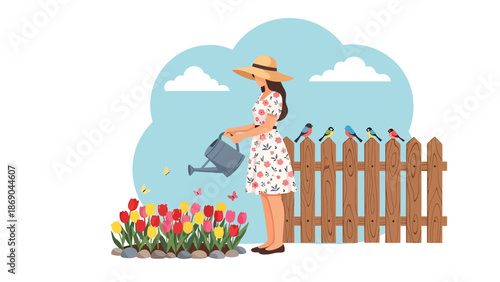 Flat vector illustration of a woman watering spring tulips in a home garden, peaceful outdoor lifestyle scene with flowers, nature, and seasonal gardening concept in solid colors