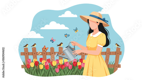 Flat vector illustration of a woman watering spring tulips in a home garden, peaceful outdoor lifestyle scene with flowers, nature, and seasonal gardening concept in solid colors