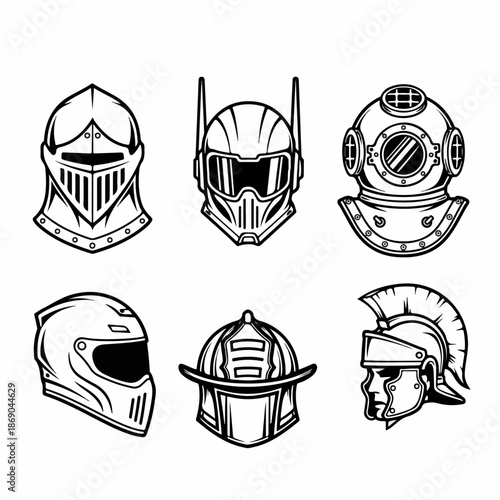 Black and White Vector Icon Set of Various Helmets: Medieval Knight, Futuristic, Deep Sea Diving, Racing, Firefighter, and Roman Centurion Headwear.