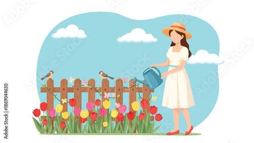 Flat vector illustration of a woman watering spring tulips in a home garden, peaceful outdoor lifestyle scene with flowers, nature, and seasonal gardening concept in solid colors