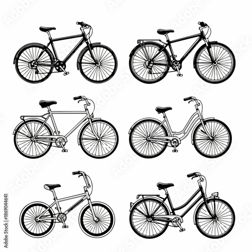 Black and White Vector Illustration Set of Six Different Bicycle Types, including City Bikes, Roadsters, and Cruiser Models.