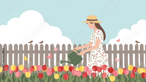 Flat vector illustration of a woman watering spring tulips in a home garden, peaceful outdoor lifestyle scene with flowers, nature, and seasonal gardening concept in solid colors