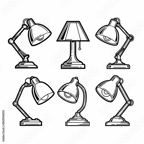 Outline vector set of adjustable desk lamps, study lights, and classic table lamp designs, symbolizing illumination, work, and home decor.