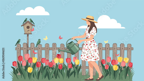 Flat vector illustration of a woman watering spring tulips in a home garden, peaceful outdoor lifestyle scene with flowers, nature, and seasonal gardening concept in solid colors