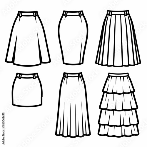 A collection of six different women's skirt styles presented as outline icons, including A-line, pencil, pleated, mini, flared, and tiered designs.