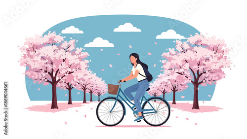 Vector illustration of a woman riding a bicycle through a spring park with blooming cherry blossoms, healthy lifestyle and outdoor recreation concept in flat solid color style