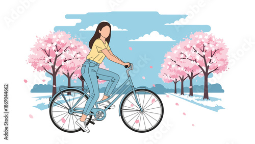 Vector illustration of a woman riding a bicycle through a spring park with blooming cherry blossoms, healthy lifestyle and outdoor recreation concept in flat solid color style