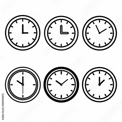 Set of six minimalist black outline clock icons or timepieces representing different hours, deadlines, appointments, and general time concept.