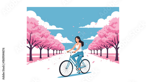 Vector illustration of a woman riding a bicycle through a spring park with blooming cherry blossoms, healthy lifestyle and outdoor recreation concept in flat solid color style