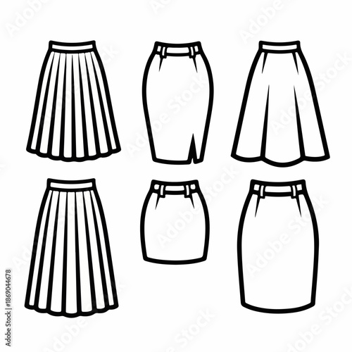 Outline vector illustration set of six different female skirt designs, showcasing various fashion styles like pleated, pencil, A-line, and short silhouettes.