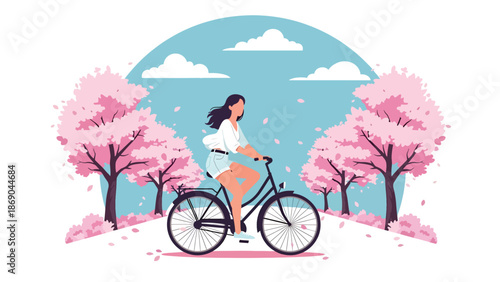Vector illustration of a woman riding a bicycle through a spring park with blooming cherry blossoms, healthy lifestyle and outdoor recreation concept in flat solid color style