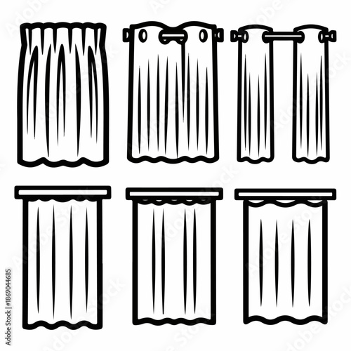 Collection of six black and white curtain and drape icons showing different hanging methods and styles, ideal for interior design and decor illustration.