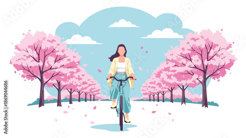 Vector illustration of a woman riding a bicycle through a spring park with blooming cherry blossoms, healthy lifestyle and outdoor recreation concept in flat solid color style
