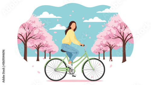 Vector illustration of a woman riding a bicycle through a spring park with blooming cherry blossoms, healthy lifestyle and outdoor recreation concept in flat solid color style
