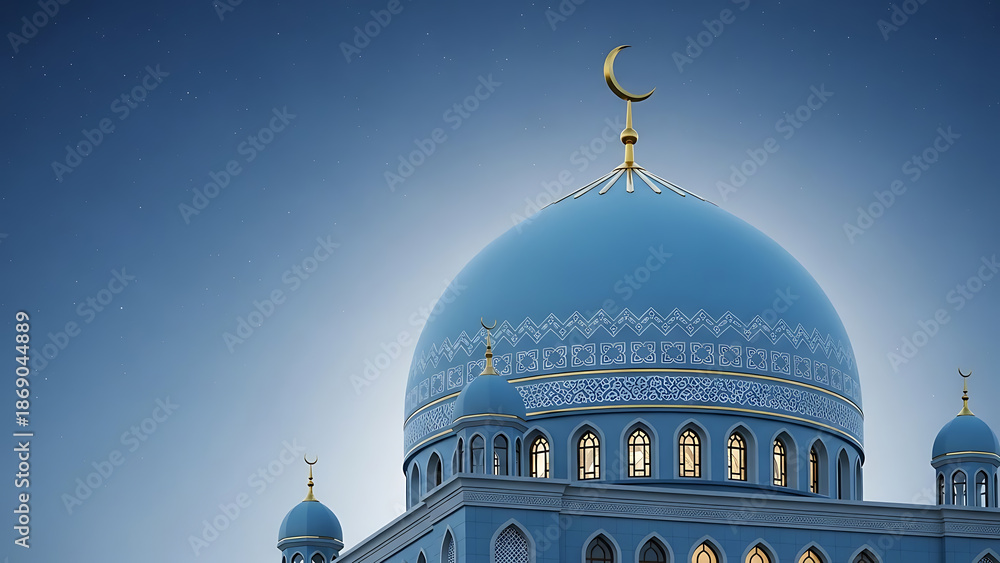Obraz premium Beautiful blue mosque dome with crescent moon against a twilight sky