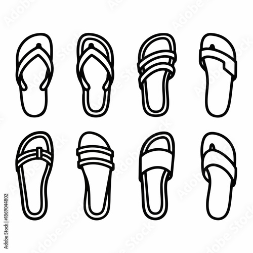 Vector set of different types of summer footwear icons: flip-flops, slides, and sandals in black outline style, perfect for web, print, or app design.