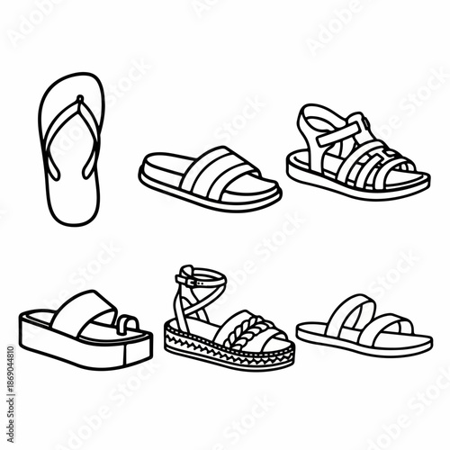 Outline vector set of various summer sandals and slippers, including flip-flops, slides, and espadrilles, isolated on white background.