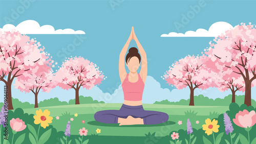 Flat vector illustration of a woman practicing yoga outdoors in spring, wellness and mindfulness lifestyle scene with flowers, grass, and calm natural environment in solid colors