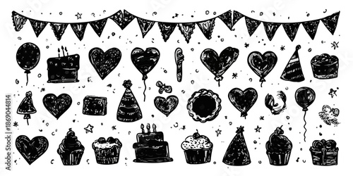 Collection d'éléments de fête d'anniversaire dessinés à la main, incluant ballons, gâteaux, chapeaux et cadeaux, pour des designs graphiques transparents.