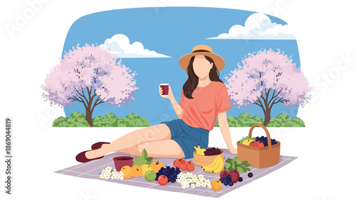 Vector illustration of a woman enjoying a spring picnic in a blooming park, relaxed outdoor lifestyle with food, flowers, and sunny seasonal atmosphere in flat solid colors