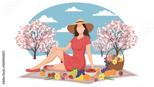 Vector illustration of a woman enjoying a spring picnic in a blooming park, relaxed outdoor lifestyle with food, flowers, and sunny seasonal atmosphere in flat solid colors
