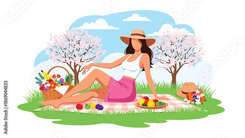 Vector illustration of a woman enjoying a spring picnic in a blooming park, relaxed outdoor lifestyle with food, flowers, and sunny seasonal atmosphere in flat solid colors