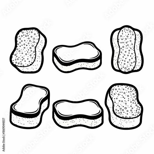 Black and white hand-drawn illustration set of six different cleaning or dishwashing sponges with textured surfaces, isolated on a white background.