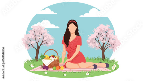 Vector illustration of a woman enjoying a spring picnic in a blooming park, relaxed outdoor lifestyle with food, flowers, and sunny seasonal atmosphere in flat solid colors
