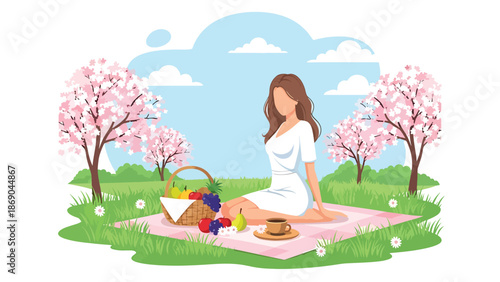 Vector illustration of a woman enjoying a spring picnic in a blooming park, relaxed outdoor lifestyle with food, flowers, and sunny seasonal atmosphere in flat solid colors