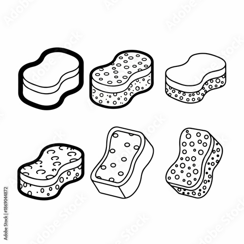 Black and white outline vector set of various household cleaning sponges and scrubbers for dishes, kitchen, or bath in a simple doodle style.