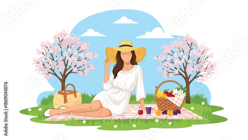Vector illustration of a woman enjoying a spring picnic in a blooming park, relaxed outdoor lifestyle with food, flowers, and sunny seasonal atmosphere in flat solid colors