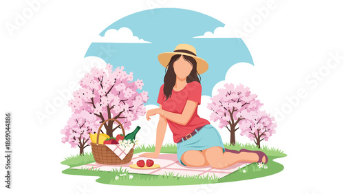 Vector illustration of a woman enjoying a spring picnic in a blooming park, relaxed outdoor lifestyle with food, flowers, and sunny seasonal atmosphere in flat solid colors