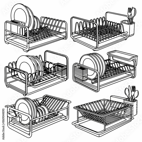Black and white line art set of six different kitchen dish drying racks filled with plates and silverware, isolated on white background.