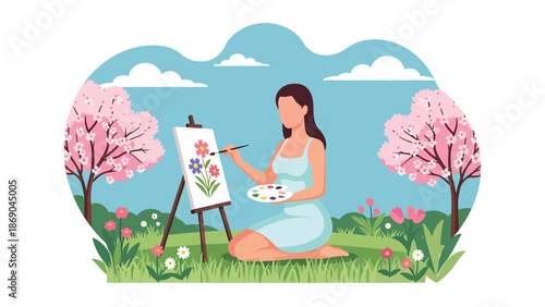 Vector illustration of a woman painting flowers outdoors in spring, creative artistic lifestyle scene with nature inspiration and calm seasonal atmosphere in flat solid colors