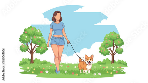 Flat vector illustration of a woman walking her dog in a spring park, cheerful outdoor lifestyle scene with blooming trees, nature, and pet companionship in solid colors