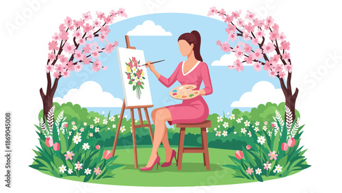 Vector illustration of a woman painting flowers outdoors in spring, creative artistic lifestyle scene with nature inspiration and calm seasonal atmosphere in flat solid colors