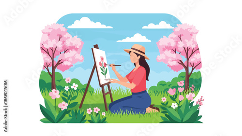 Vector illustration of a woman painting flowers outdoors in spring, creative artistic lifestyle scene with nature inspiration and calm seasonal atmosphere in flat solid colors