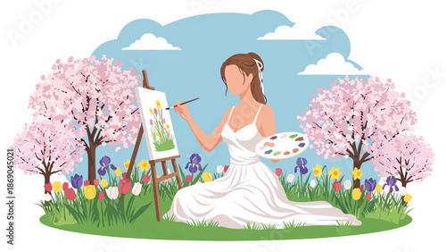 Vector illustration of a woman painting flowers outdoors in spring, creative artistic lifestyle scene with nature inspiration and calm seasonal atmosphere in flat solid colors